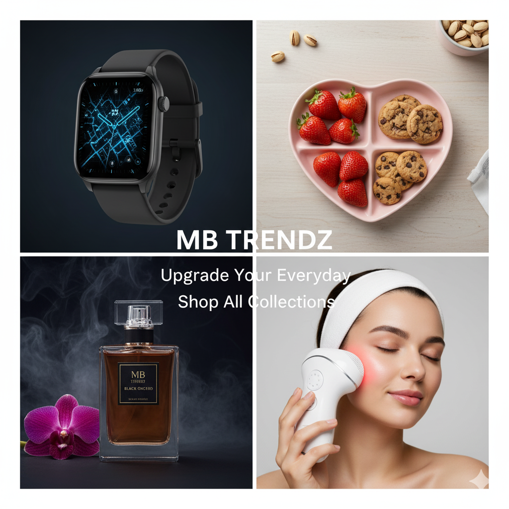 "MB TRENDZ diverse product collage: smart watch, heart-shaped plate, perfume, and face massager. Upgrade Your Everyday. Shop All Collections."