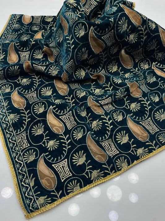 Embroidered Net Velvet Shawl