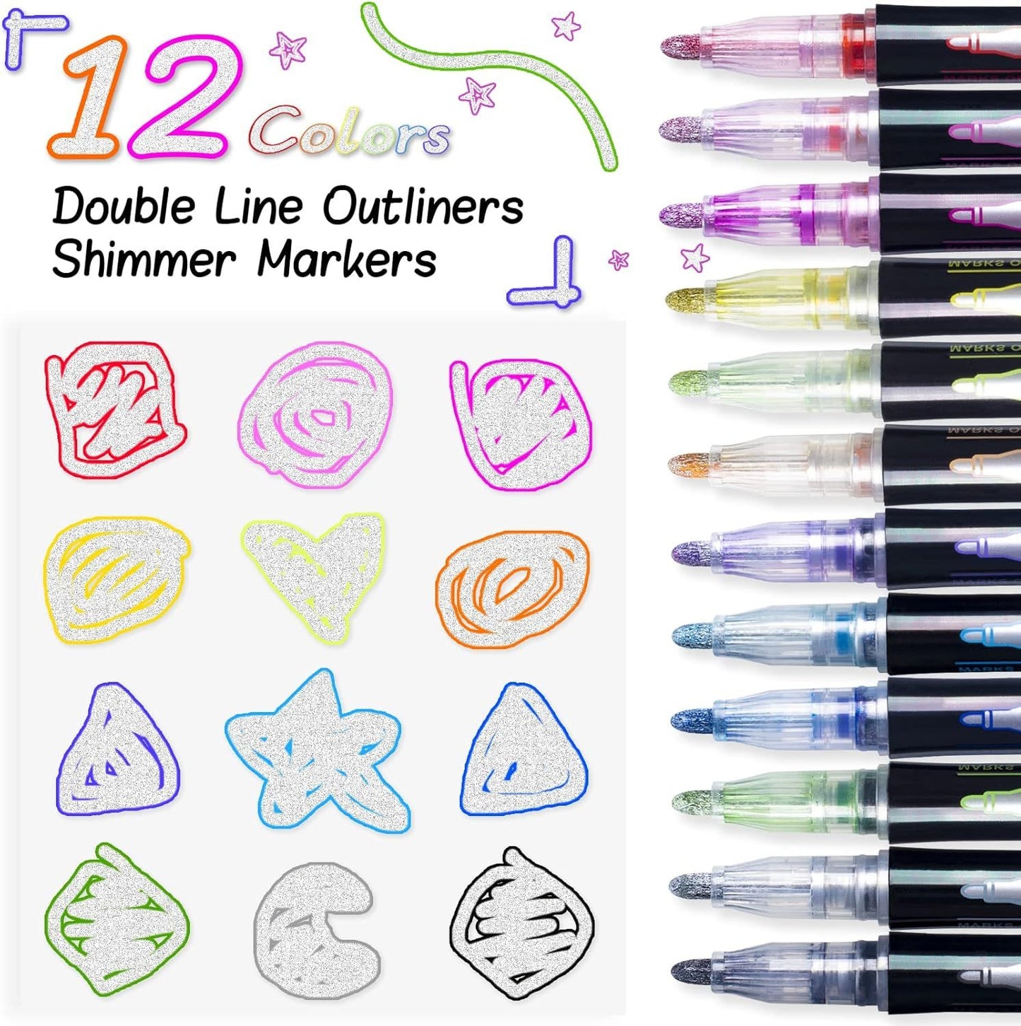 Outline Markers Pens Shimmer Markers 12 Colors Shimmer Marker Set
