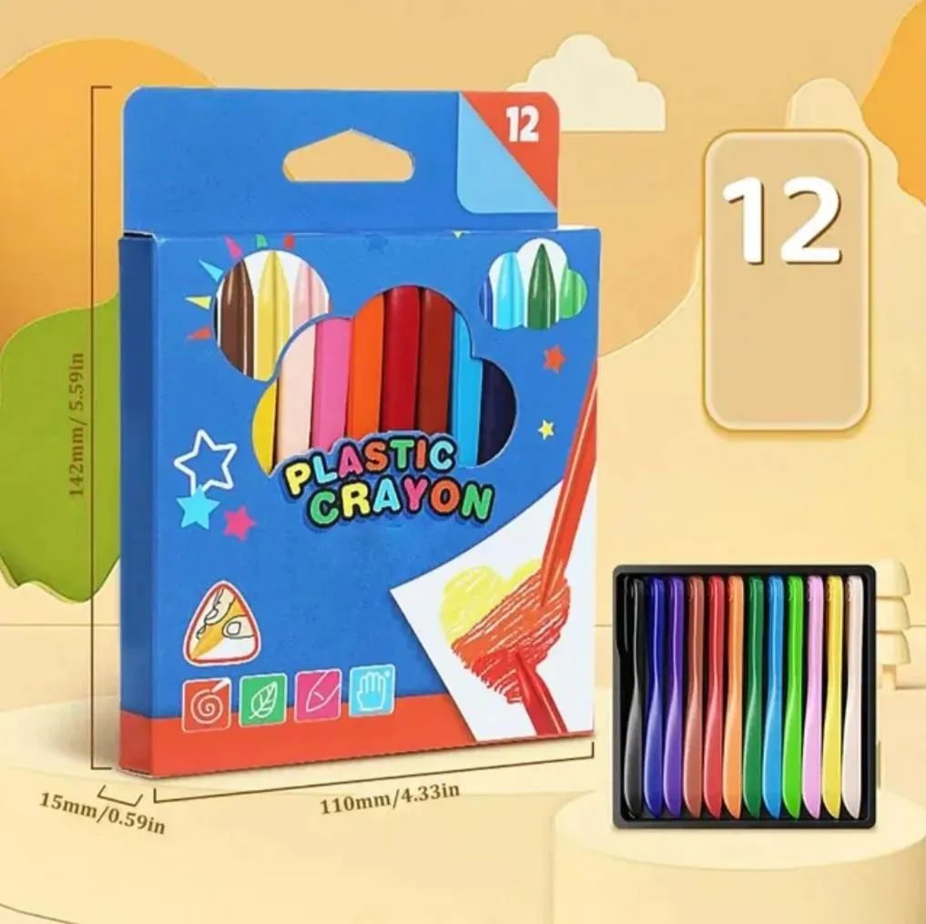 Pack of12 Art Supply Childs Plastic Crayons with Box